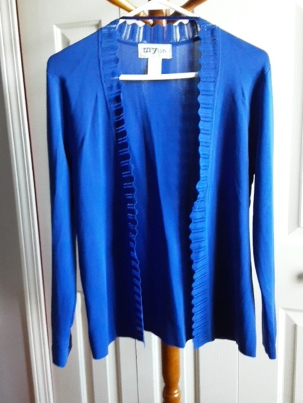 My Life   Royal Blue Open-Front Ruffle-Trim Cardigan Size Medium.